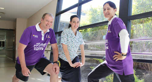 Alan Thompson, Rachel Cairns and Donna Phillips practise their warm-up stretches in preparation for the 18-hour Relay for Life walk at the Emerald Showgrounds. Alan Thompson, Rachel Cairns and Donna Phillips practise their warm-up stretches in preparation for the 18-hour Relay for Life walk at the Emerald Showgrounds.
